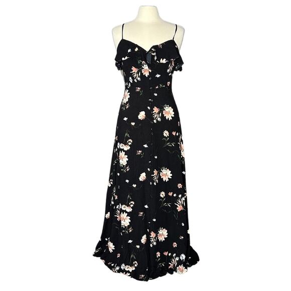Band of Gypsies Floral Button Front Black Slit Front Girly Pretty Ruffle S12 - Picture 1 of 9